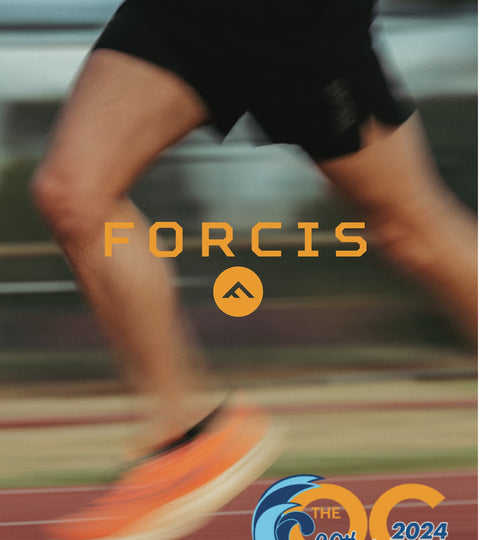 Man running in forcis shorts and the OC Marathon 20th anniversary logo on bottom right.