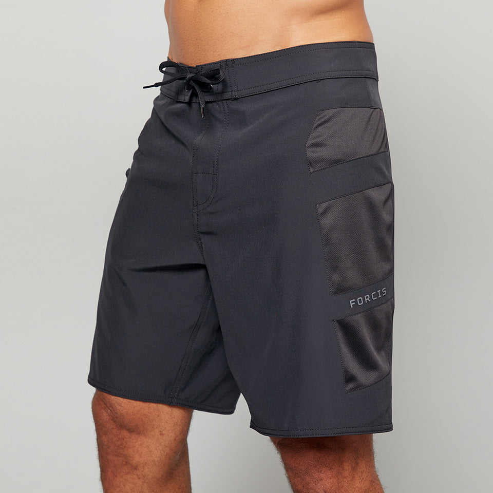 Forcis Mens Black Polyester Boardshorts Side Panel Detail Side View On Model