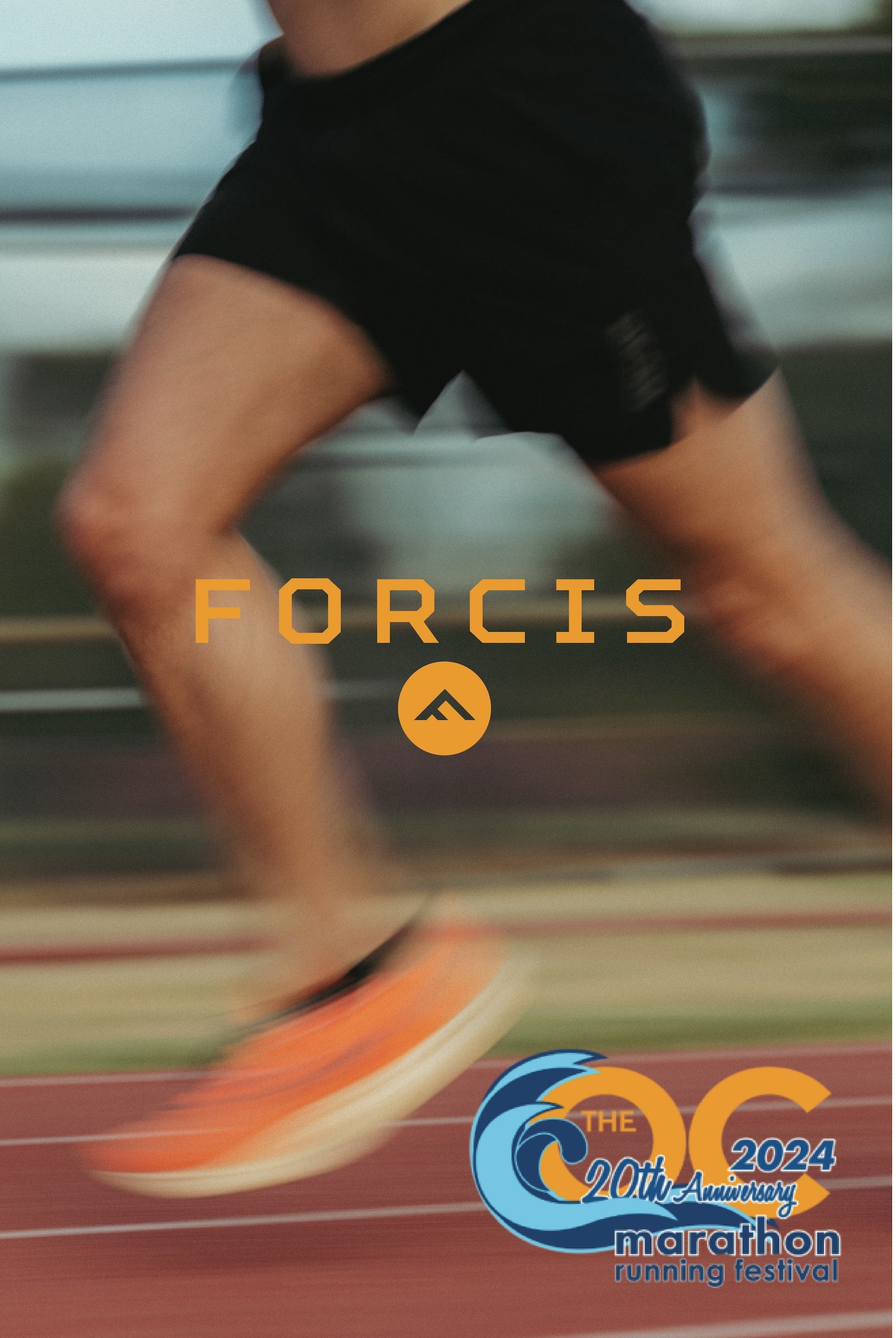 Man running in forcis shorts and the OC Marathon 20th anniversary logo on bottom right.