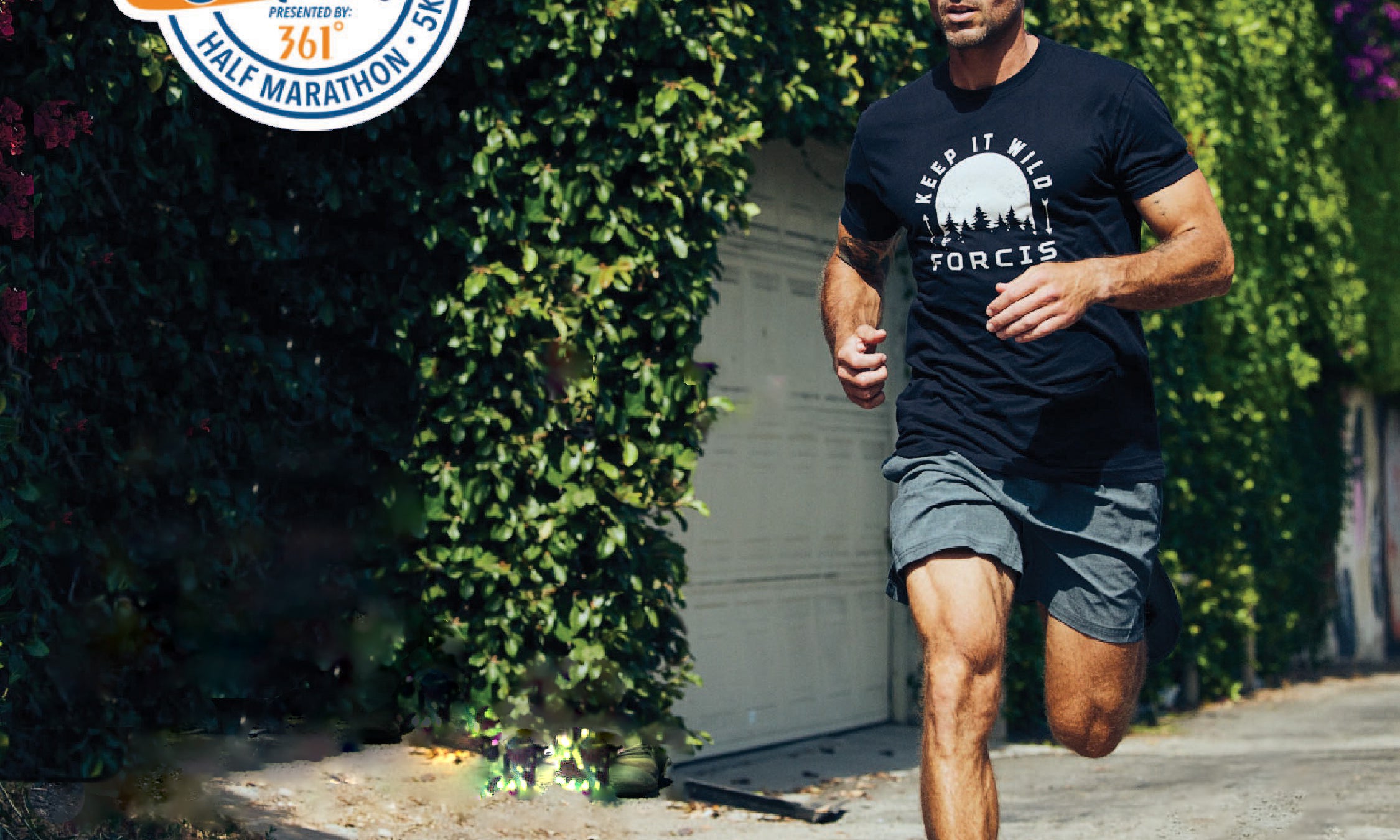 Man running wearing his Forcis Apparel with the logo for the Surf City Marathon Expo in Huntington Beach, CA.