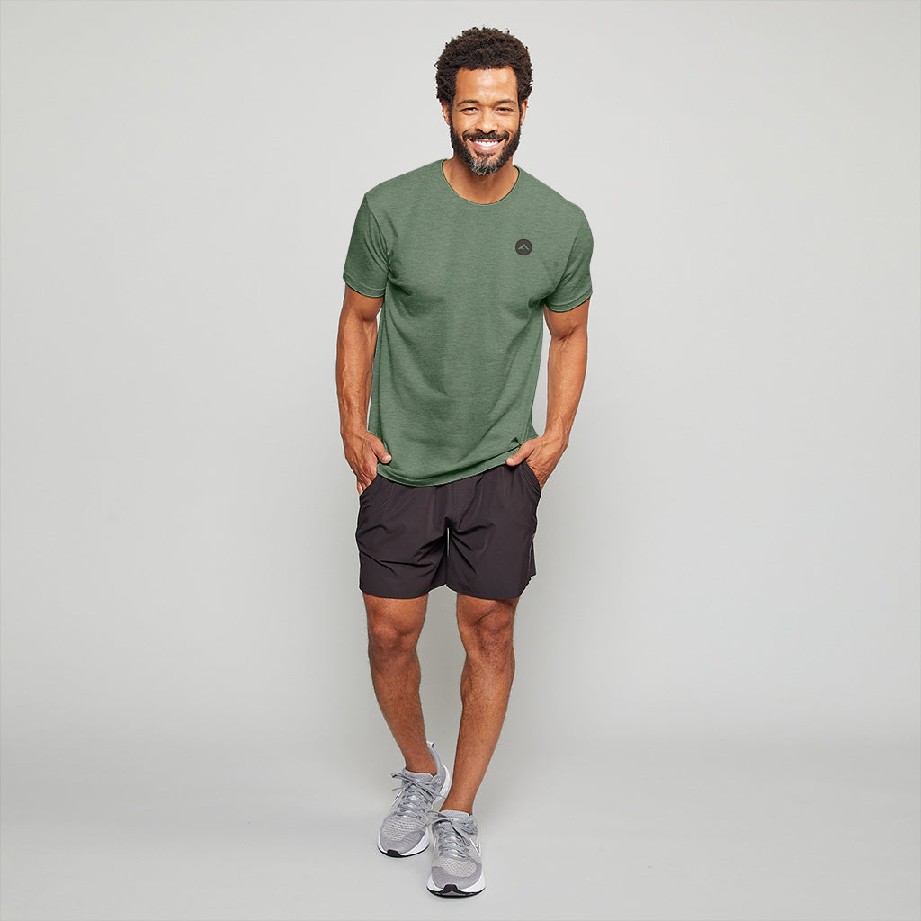 Forcis Mens Heather Forest Green Poly Cotton Spandex Triblend Essential Shortsleeve T-shirt Front View On Model