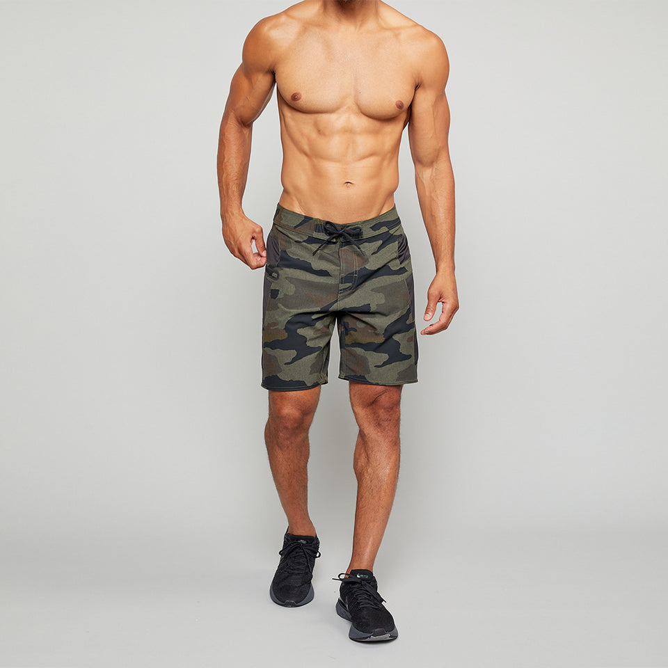 Forcis Mens Camo Polyester Boardshorts Front View On Model.