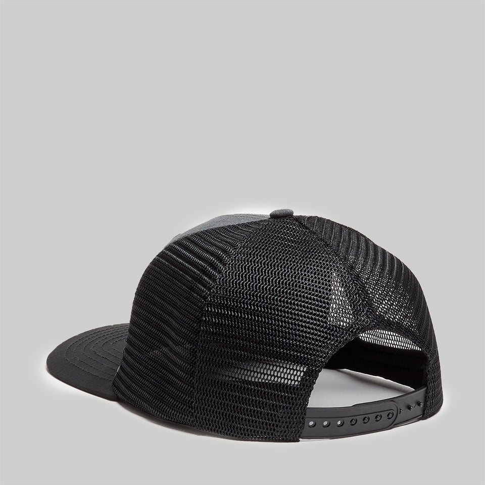 Forcis Mens Poly Cotton Trucker Hat in Grey Black Back. Detail